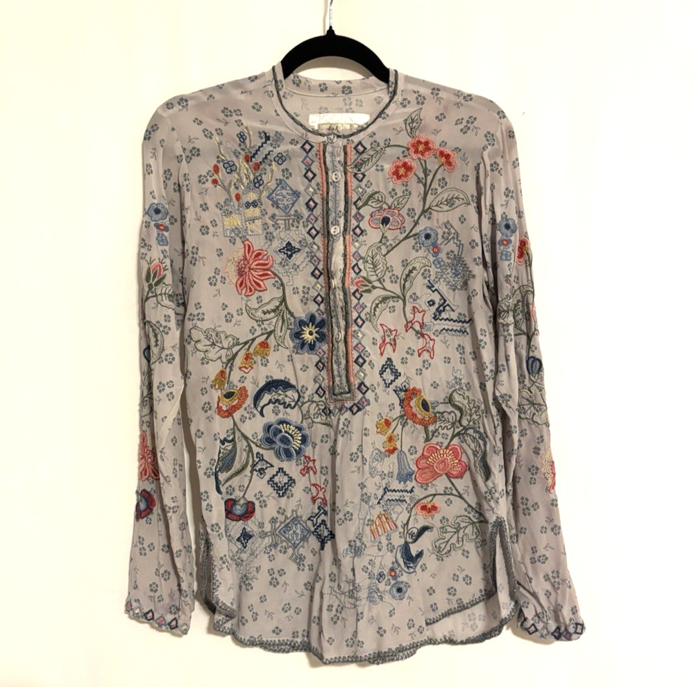 Johnny Was Silk Blouse Top XS Embroidered Floral Boho